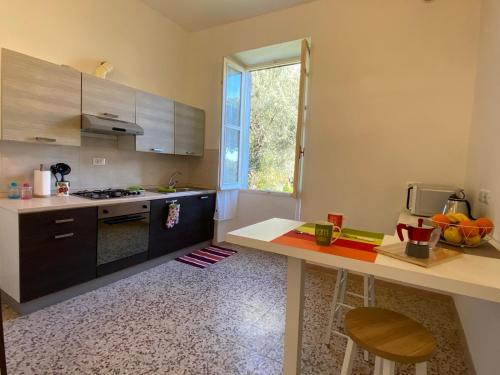 uma cozinha com um balcão, uma mesa e uma janela em La casa di Arturo em Gorleri