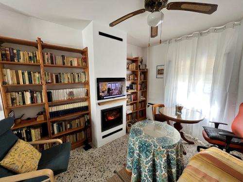 a living room with a fireplace and bookshelves at Casa Morería in Guadalcanal