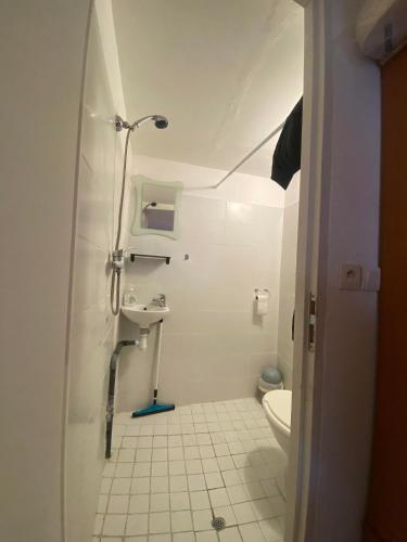 une petite salle de bain avec toilettes et lavabo dans l'établissement Superbe appartement rénové avec jardin calme, à Buis-les-Baronnies