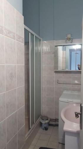 une salle de bain avec une douche, des toilettes et un lavabo dans l'établissement Ambiance bord de mer, à Saint-Georges-de-Didonne