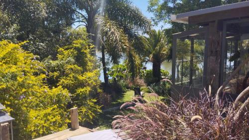 a garden with palm trees and plants at Guest Tiny House - lake side in Montevideo