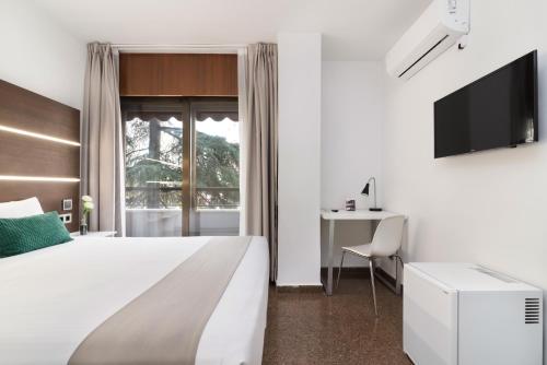 a bedroom with a bed and a desk and a tv at Roisa Hostal Boutique in Madrid