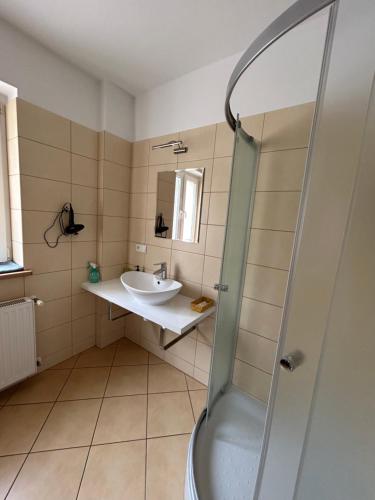 a bathroom with a sink and a shower at Leśny Dom in Barlinek