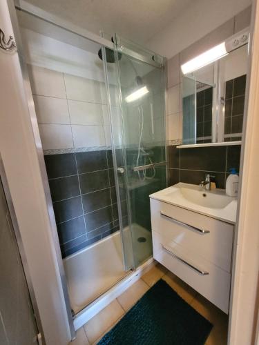 une salle de bain avec douche et lavabo dans l'établissement Appartement 3 à 4 personnes, à Canet