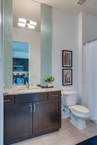 a bathroom with a toilet and a sink and a mirror at Lofts at 30th - 2 Top Floor Units in Nashville