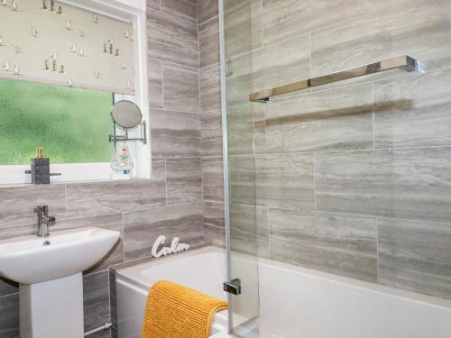 een badkamer met een wastafel, een toilet en een douche bij Blue Sky Cottage in Liskeard