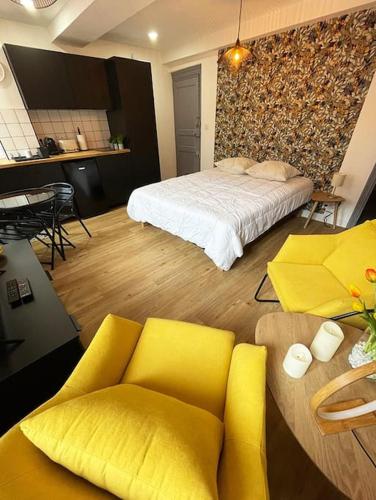 un salon avec un lit et une salle à manger dans l'établissement Studio Flowers - métro - wifi, à Toulouse