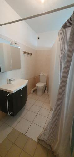 une salle de bain avec un lavabo et des toilettes dans l'établissement Maison de vacances calme pour 4-6 personnes, à Saint-Palais-sur-Mer