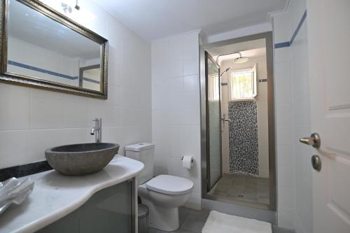 een badkamer met een wastafel, een toilet en een spiegel bij Phaos Chios in Vrontádos