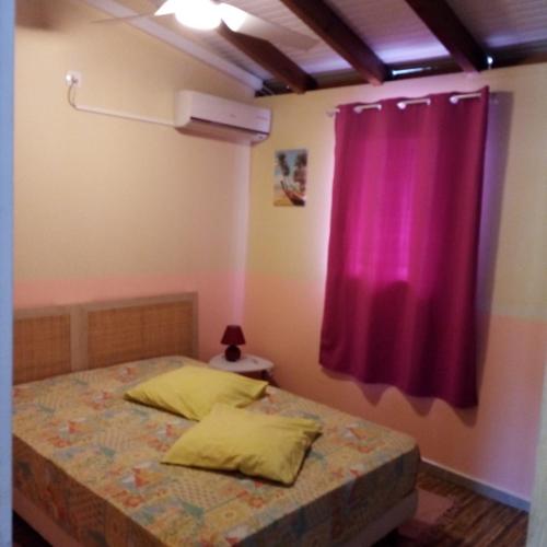 1 dormitorio con 1 cama con cortina rosa en AKAZ, en Lamentin