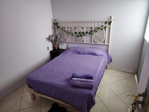Una cama morada con una manta morada encima en Casa Libélula, en Tehuacán