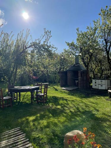 um jardim com mesa, cadeiras e comodidades para churrascos em Habitación céntrica calafate viejo hostel em El Calafate