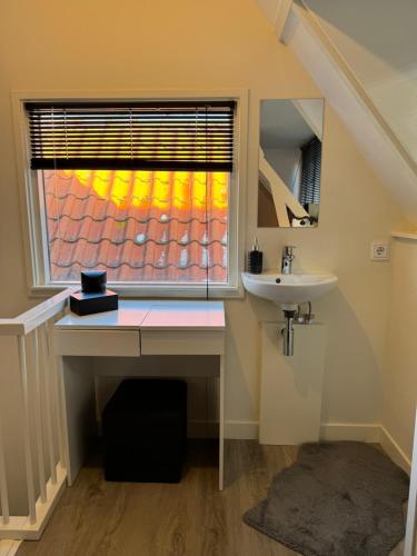 Hello Noordwijk - Zomerhuis Toekomststraat 8 في نوردفايك أن زي: حمام مع حوض ونافذة