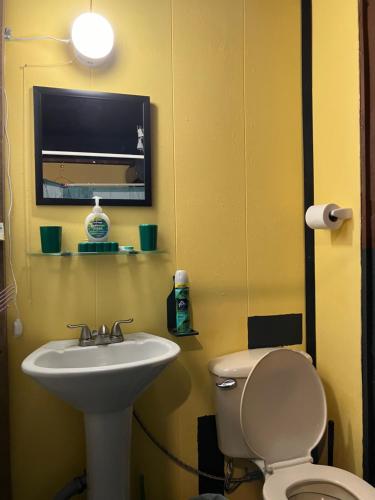 uma casa de banho com um lavatório, um WC e uma televisão em Junzi em Ceiba