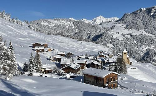 een klein dorp bedekt met sneeuw op een berg bij Ustreia Orta in Lohn