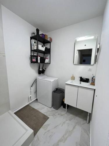 ein weißes Badezimmer mit einem Waschbecken und einem Spiegel in der Unterkunft Cosy appartement - Evry in Évry-les-Châteaux