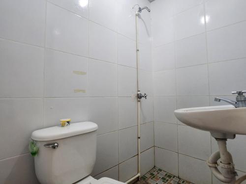 La salle de bains est pourvue de toilettes et d'un lavabo. dans l'établissement Hostal Carolinas, à Juayúa