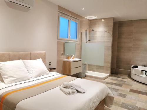 a bedroom with a bed and a bathroom with a shower at Entre mer et campagne in Saint-Martin-de-Seignanx