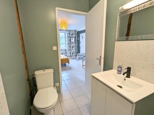 ein Badezimmer mit einem WC, einem Waschbecken und einem Spiegel in der Unterkunft Studio Silhem in Saint-Germain-les-Belles