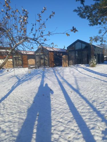 a long shadow of a persons shadow in the snow at Wypoczynkowo Domki Letniskowe in Mikołajki