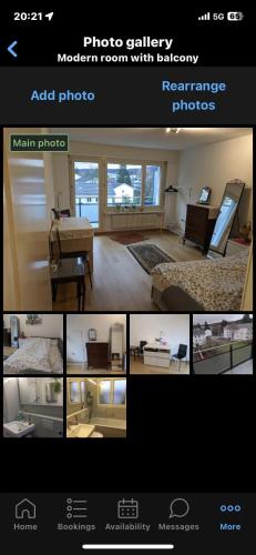 un collage de fotos de una sala de fotografía con muebles en Room with balcony, en Ober Urdorf