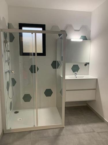 une salle de bain avec douche et lavabo dans l'établissement Superbe appartement neuf avec parking sur place, à Corte