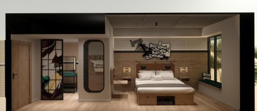 um quarto com uma cama e um espelho em Moxy Miami Wynwood em Miami