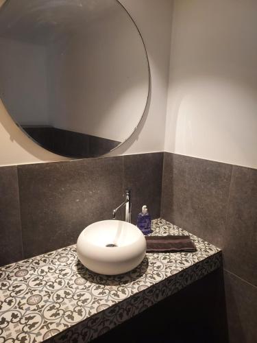 a bathroom with a sink and a mirror on a counter at Le Courtil in Bièvre