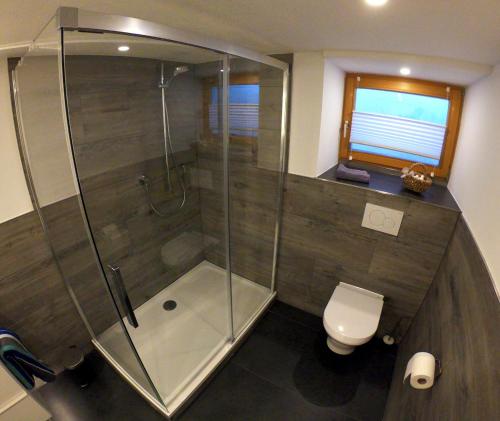 uma casa de banho com um chuveiro e um WC. em Ferienwohnung Alpenblick em Immenstadt im Allgäu