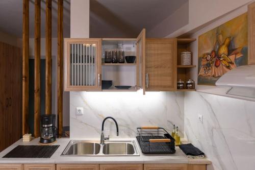 een keuken met een wastafel en houten kasten bij andromachis house 1 in Volos