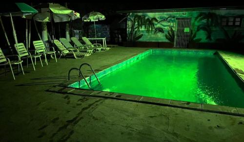 uma piscina verde com cadeiras e guarda-sóis à noite em Chácara Elshaday Shalom Arujá em Arujá