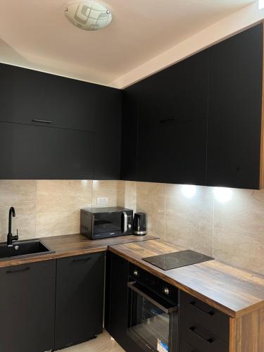 une cuisine avec des armoires noires et un four micro-ondes dans l'établissement Residence 25V, à Batajnica