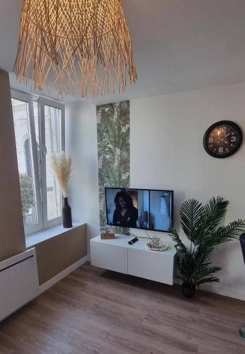 un salon avec une télévision à écran plat et une plante dans l'établissement New jungle studio cœur de ville, à Pont-à-Mousson