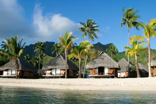 a group of huts on a beach with palm trees at Manava Beach Resort & Spa Moorea in Maharepa