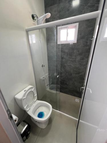ein kleines Bad mit einem WC und einer Dusche in der Unterkunft Hospedaje Lucas in El Soberbio