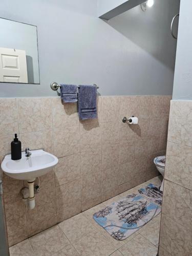 ein Bad mit einem Waschbecken und einem WC in der Unterkunft In-flight Suites - Perfect for Layovers 6Mins from the Airport in Piarco