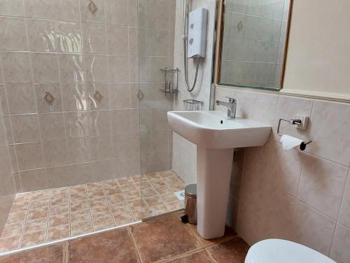 a bathroom with a sink and a shower and a toilet at Sunnyside in Taunton