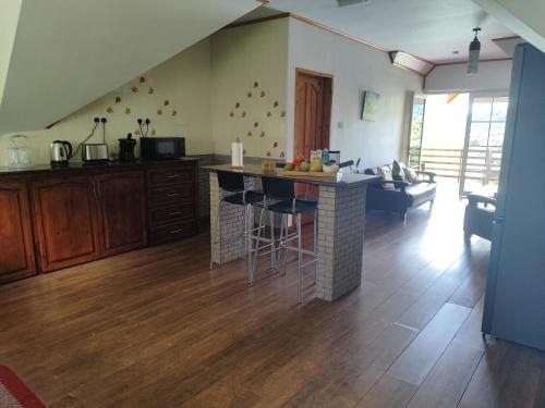 a kitchen with a island in the middle of a room at Rêve Tropical Chambres D'hôtes in Anse a La Mouche