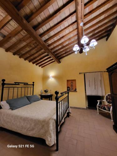 1 dormitorio con cama y techo de madera en Casale I Pioppi, en Vitorchiano