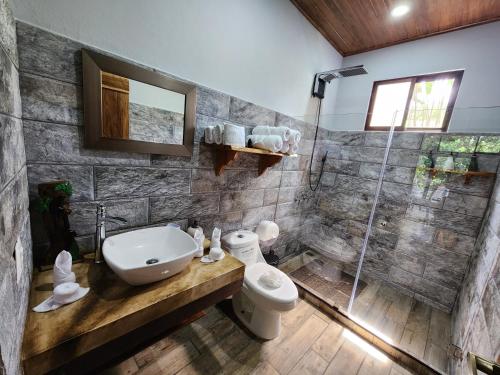 a bathroom with a sink and a toilet and a shower at La Fortuna Rainforest Glass Cabin With Suite in Fortuna
