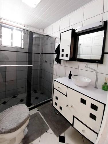 a bathroom with a toilet and a sink and a shower at Apto 3 quartos, no Centro. Temático e acolhedor! in Nova Friburgo
