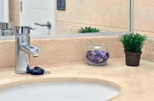 a sink with a faucet and a glass of purple flowers at Norus Providencia in Santiago