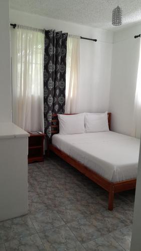 a bedroom with two beds and two windows at Villa Copthall in Roseau