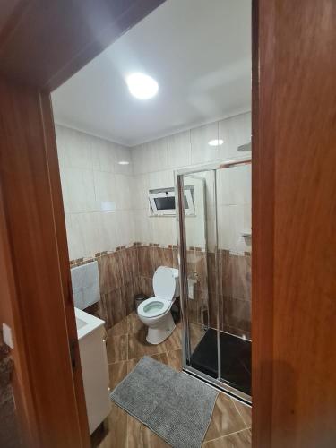 a bathroom with a toilet and a glass shower at Casa do Alto in Terras de Bouro
