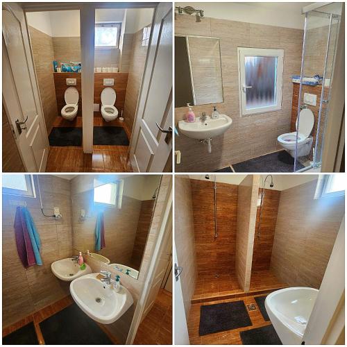 four pictures of a bathroom with two toilets and a sink at D&P WELLNESSHÁZ in Dabas