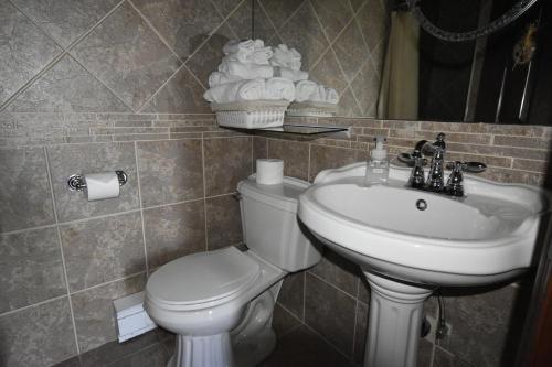 a bathroom with a sink and a white toilet and a sink at Motel ANF in Drummondville