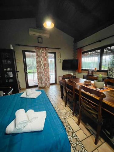 ein Esszimmer mit einem blauen Tisch und Stühlen und einem Esstisch und einem Esszimmer in der Unterkunft Honey's Home-Dependance campagna in Villafranca