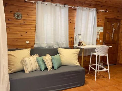 ein Sofa mit Kissen in einem Zimmer mit Tisch in der Unterkunft Rangiroa Sunny House in Avatoru