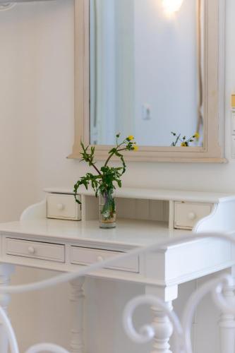 a bathroom vanity with a mirror and a plant on it at Kymata Hotel in Naxos Chora