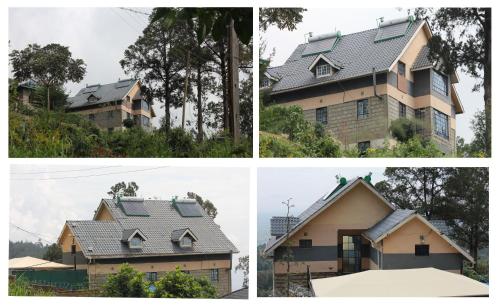 three pictures of a house with solar panels on it at Kijabe Sunset View Guesthouse in Kijabe